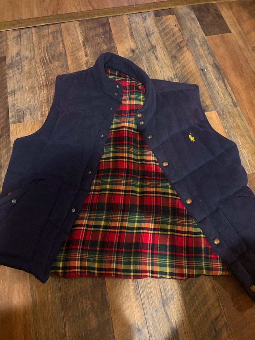 Polo by Ralph Lauren Navy Quilted Vest with Red Tartan Lining